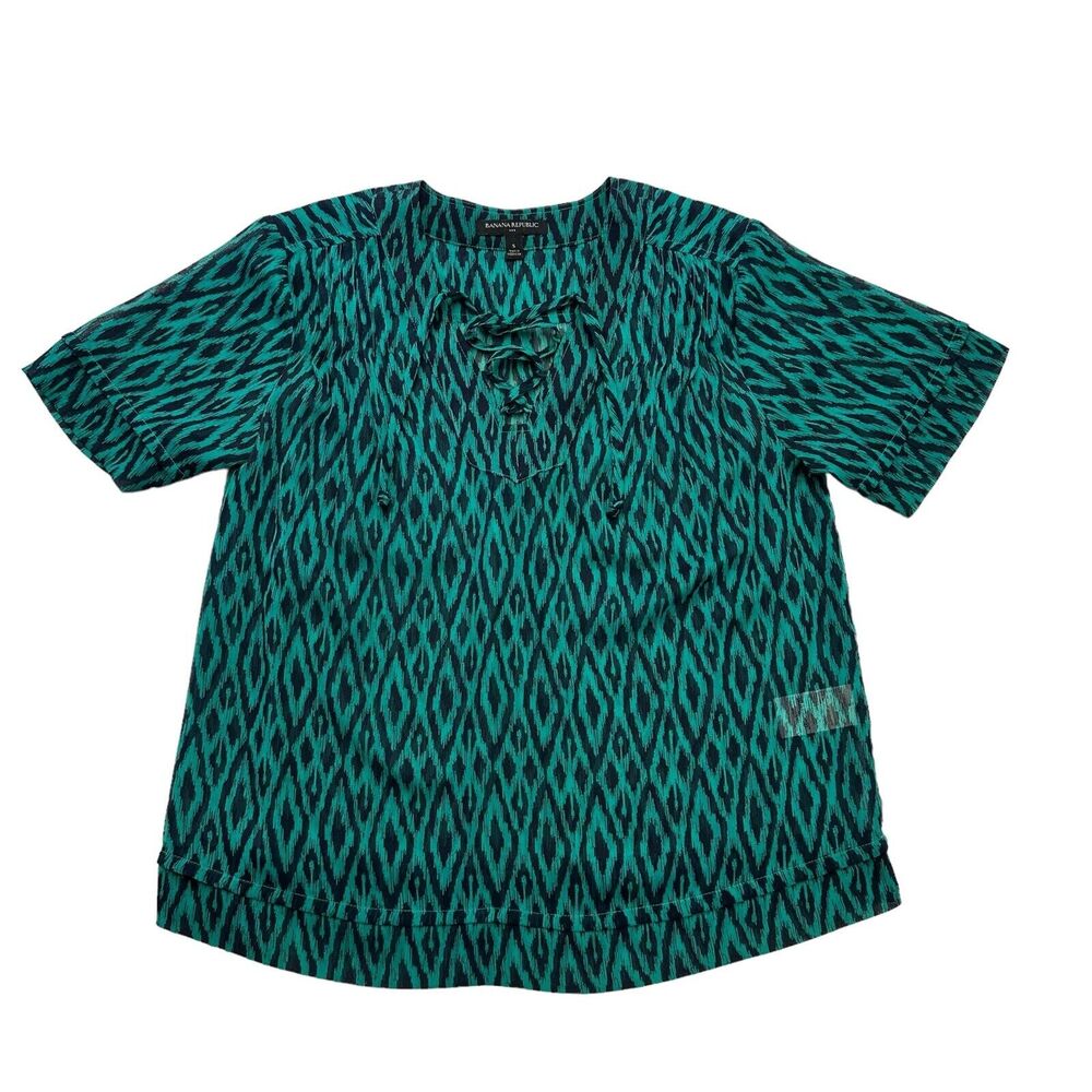 Banana Republic Shirt Womens Small S Green Blue Geometric V Neck Sheer